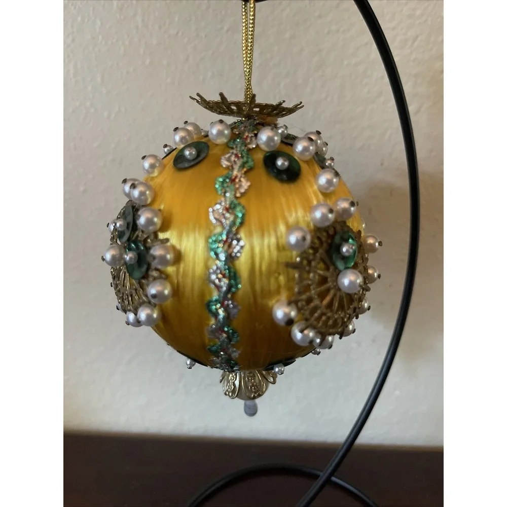 Vintage Bead Sequin Push Pin Christmas Tree‎ Ornament Gold Completed AS IS